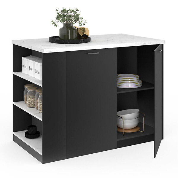 ID MARKET - Ilot central TIBO 120 cm bois noir avec plan de travail effet marbre ALASKA - large