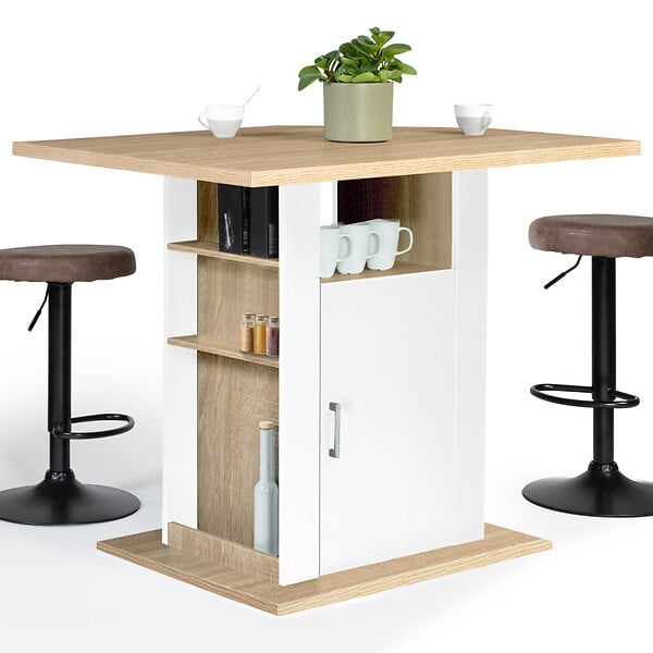 ID MARKET - Ilot central UGO 110 cm bois blanc et imitation hêtre avec rangements - large