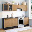 ID MARKET - Cuisine complète 240 cm SUBTIL avec vitrine + plan de travail 7 éléments noir et façon hêtre - vignette