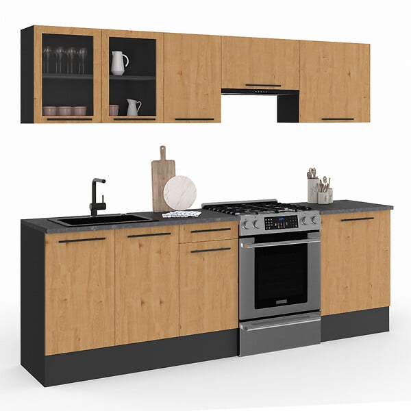 ID MARKET - Cuisine complète 240 cm SUBTIL avec vitrine + plan de travail 7 éléments noir et façon hêtre - large