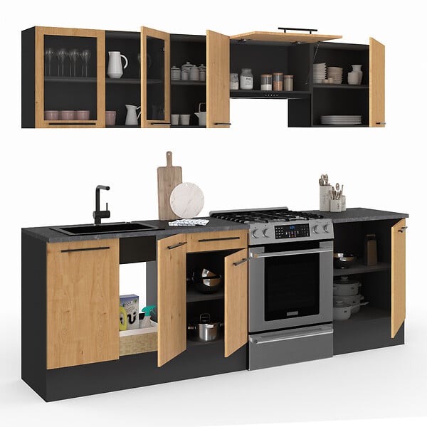 ID MARKET - Cuisine complète 240 cm SUBTIL avec vitrine + plan de travail 7 éléments noir et façon hêtre - large