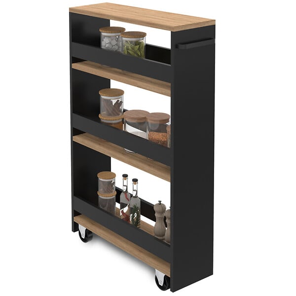 ID MARKET - Desserte de cuisine gain de place HAGA chariot de rangement à étages noir et façon hêtre - large