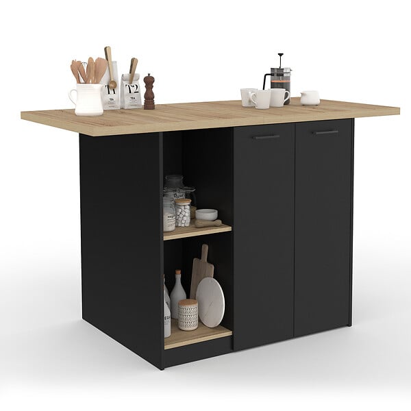ID MARKET - Ilot central BAO 140 cm 4 personnes bois noir avec plan de travail façon hêtre - large