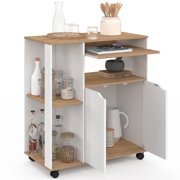 ID MARKET - Desserte de cuisine COSI bois blanc et plateaux façon hêtre L.76 CM - large