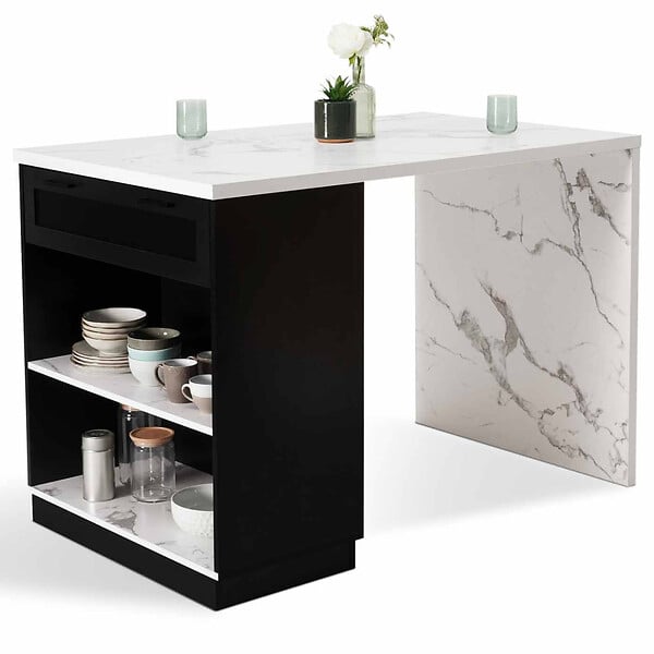 ID MARKET - Ilot central mange debout 4 personnes VITO 130 cm noir et plateau effet marbre ALASKA - large