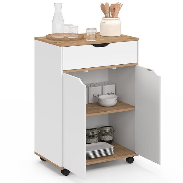 ID MARKET - Desserte de cuisine COSY placard avec tiroir bois blanc et plateaux façon hêtre L.60 CM - large