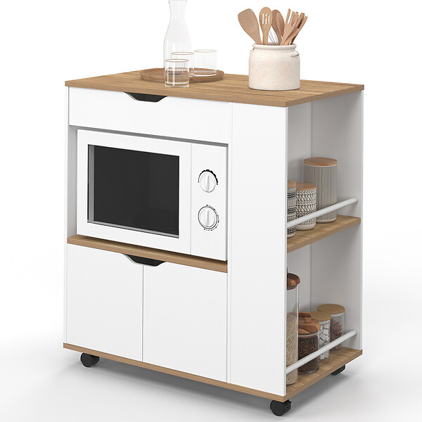 ID MARKET - Desserte micro-onde de cuisine COSI placard avec tiroir et étagères à épices bois blanc et plateaux façon hêtre L.76 cm - large