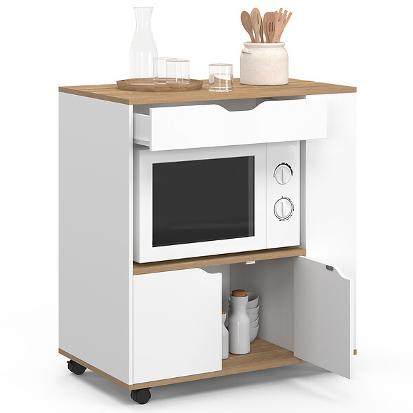 ID MARKET - Desserte micro-onde de cuisine COSI placard avec tiroir et étagères à épices bois blanc et plateaux façon hêtre L.76 cm - large