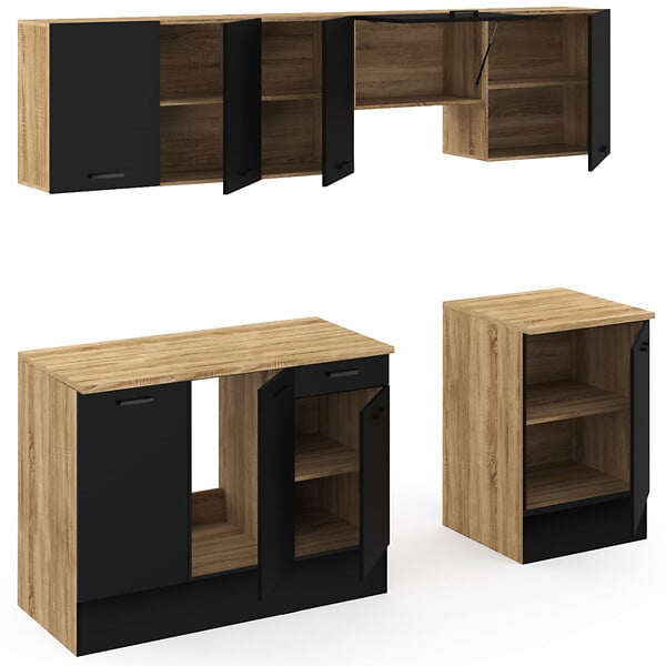 ID MARKET - Cuisine complète 240 cm SUBTIL avec plan de travail 7 éléments bois et noir - large