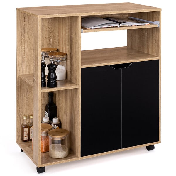ID MARKET - Desserte de cuisine COSI bois façon hêtre et portes noires L.76 CM - large