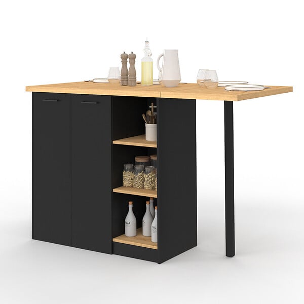 ID MARKET - Ilot central CESAR 140 cm 5 personnes bois noir avec plan de travail façon hêtre - large
