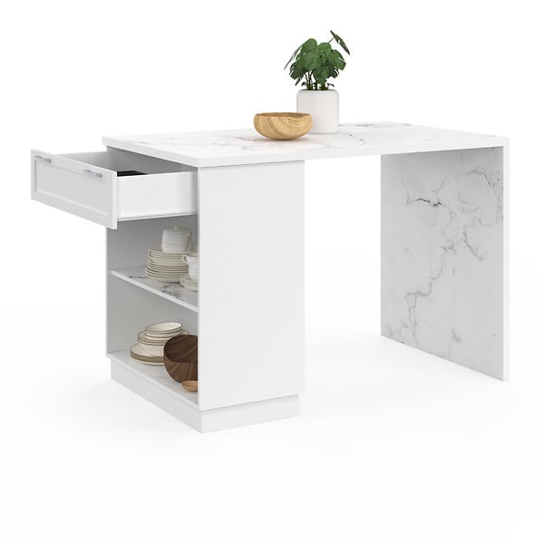 ID MARKET - Ilot central mange-debout 4 personnes VITO 130 cm blanc et plateau marbre ALASKA - large