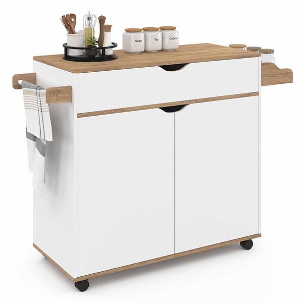 ID MARKET - Desserte de cuisine COSY XXL placard avec tiroir blanc et plateaux façon hêtre L.90 CM - large