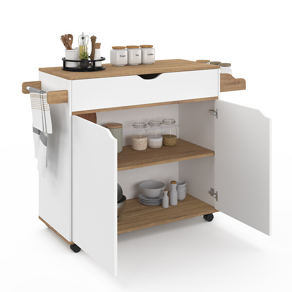ID MARKET - Desserte de cuisine COSY XXL placard avec tiroir blanc et plateaux façon hêtre L.90 CM - large
