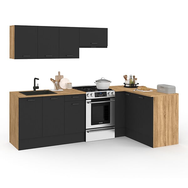 ID MARKET - Cuisine complète d'angle 400 cm SUBTIL avec plan de travail 7 élements bois et noir - large