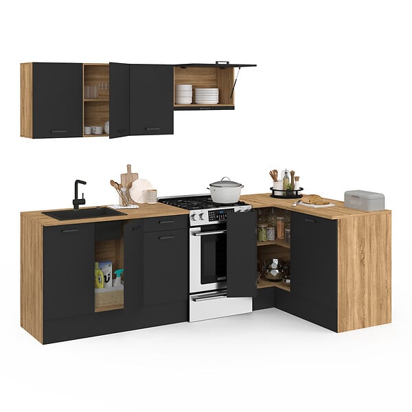 ID MARKET - Cuisine complète d'angle 400 cm SUBTIL avec plan de travail 7 élements bois et noir - large