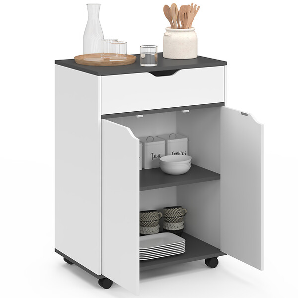ID MARKET - Desserte de cuisine COSY placard avec tiroir bois blanc et plateaux gris L.60 CM - large