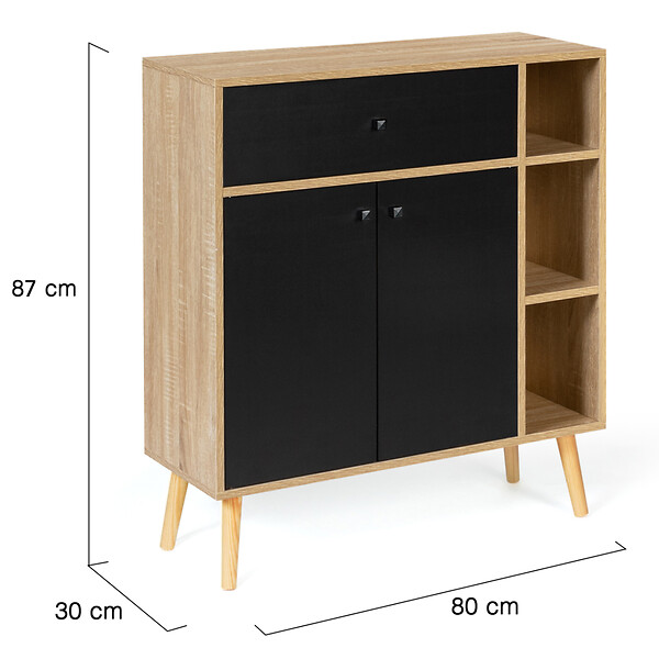 ID MARKET - Meuble de rangement EMMIE scandinave bois et noir avec placard et tiroir - large