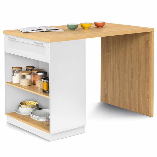 ID MARKET - Ilot central mange debout 4 personnes VITO 130 cm blanc et plateau bois - large
