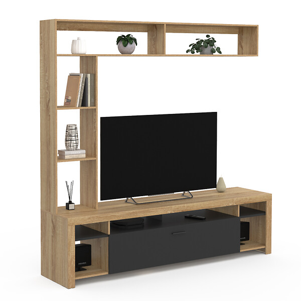 ID MARKET - Ensemble meuble TV et étagères 170 cm MALO bois et placard noir - large