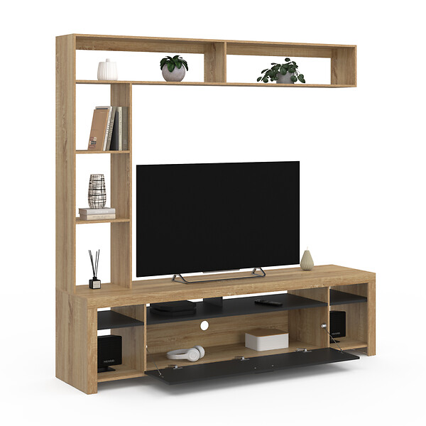 ID MARKET - Ensemble meuble TV et étagères 170 cm MALO bois et placard noir - large