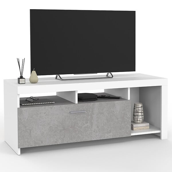 ID MARKET - Meuble TV 110 cm MALO blanc et placard effet béton - large