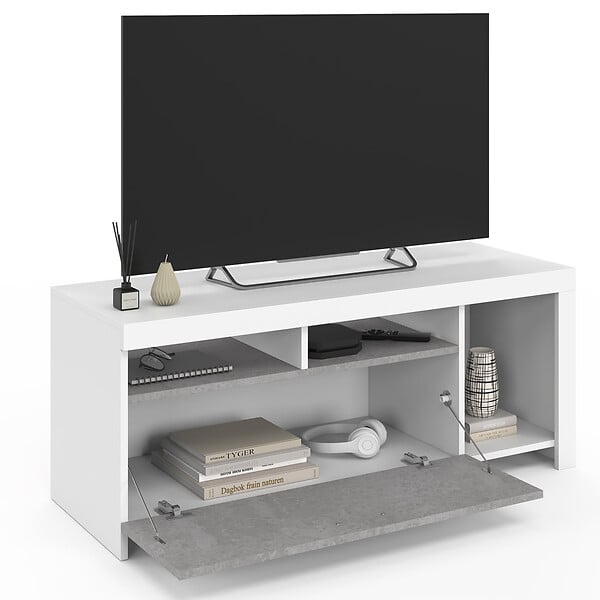 ID MARKET - Meuble TV 110 cm MALO blanc et placard effet béton - large