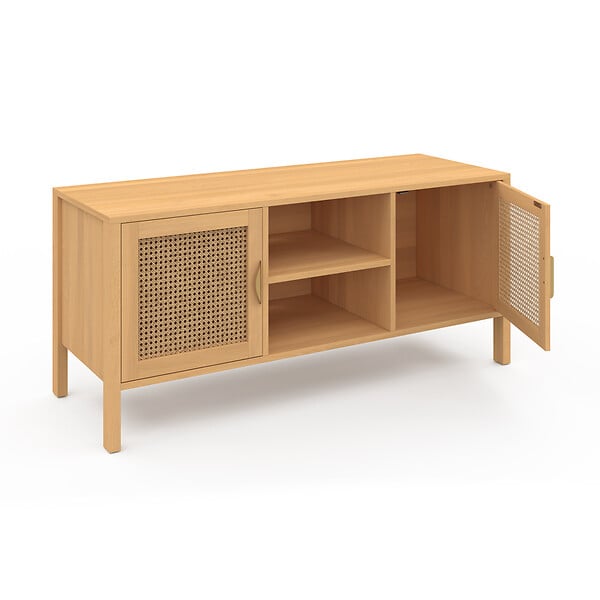 ID MARKET - Meuble TV 110 cm EDHEN 2 portes bois et cannage - large