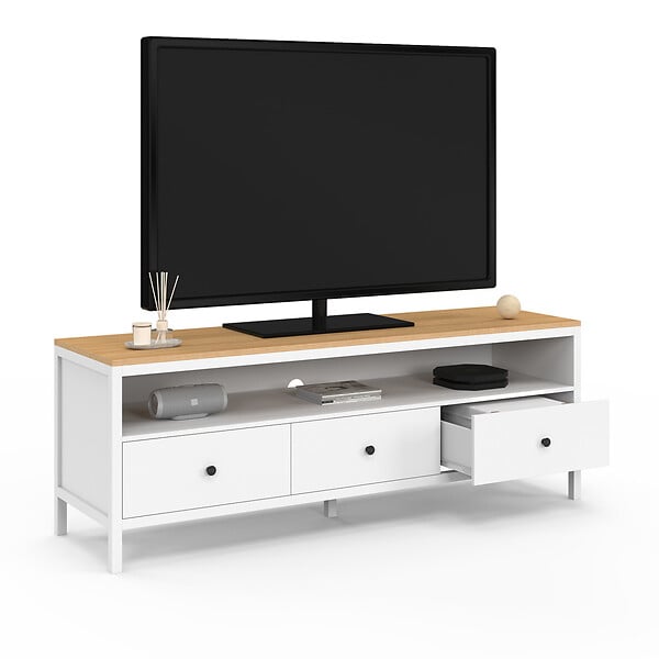 ID MARKET - Meuble TV 140 cm ACHILLE 3 tiroirs blanc et plateau bois - large