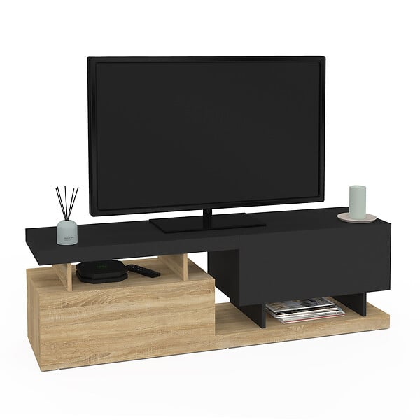 ID MARKET - Meuble TV 140 cm ANGULO 2 portes effet bois et noir - large