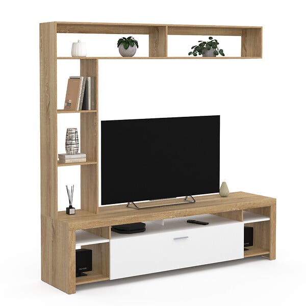 ID MARKET - Ensemble meuble TV et étagères 170 cm MALO bois et placard blanc - large