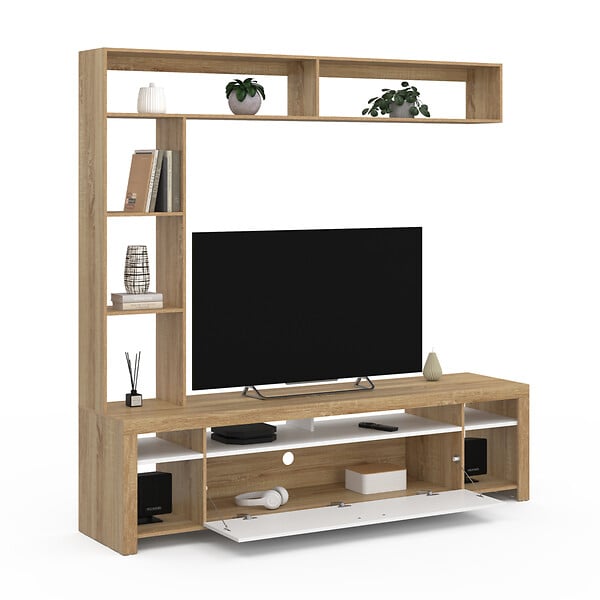 ID MARKET - Ensemble meuble TV et étagères 170 cm MALO bois et placard blanc - large