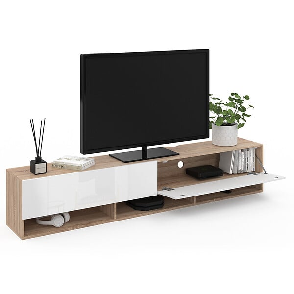 ID MARKET - Meuble TV 180 cm suspendu ELIO 2 portes avec étagère bois et blanc - large