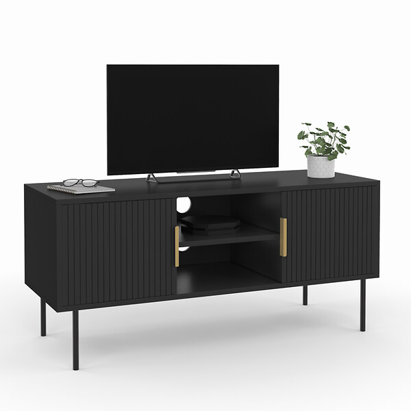 ID MARKET - Meuble TV 110 cm MARCEL 2 portes lattes tasseau bois noir - large