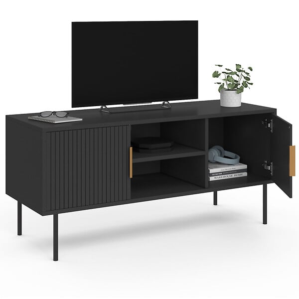ID MARKET - Meuble TV 110 cm MARCEL 2 portes lattes tasseau bois noir - large