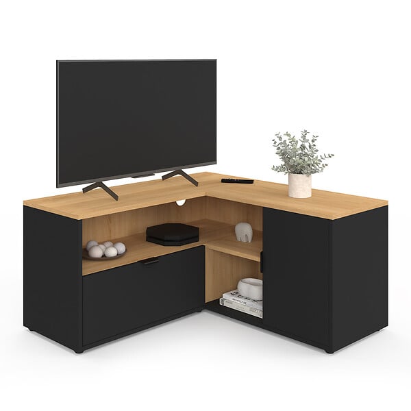 ID MARKET - Meuble TV 90 x 90 cm d'angle BALTAZAR façon hêtre et noir - large