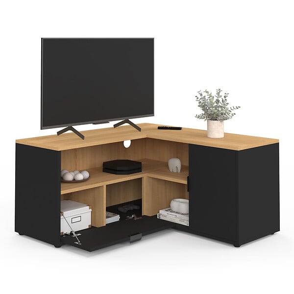 ID MARKET - Meuble TV 90 x 90 cm d'angle BALTAZAR façon hêtre et noir - large