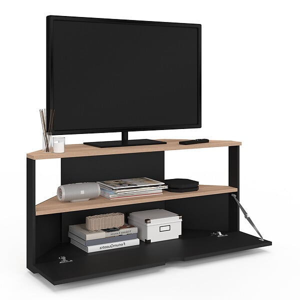 ID MARKET - Meuble TV 100 cm d'angle ELI bois façon hêtre et noir - large