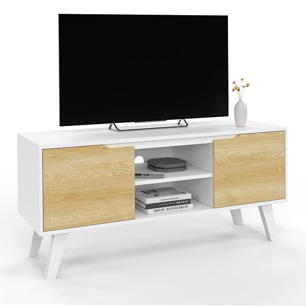 ID MARKET - Meuble TV 110 cm FINN blanc 2 portes façon hêtre - large