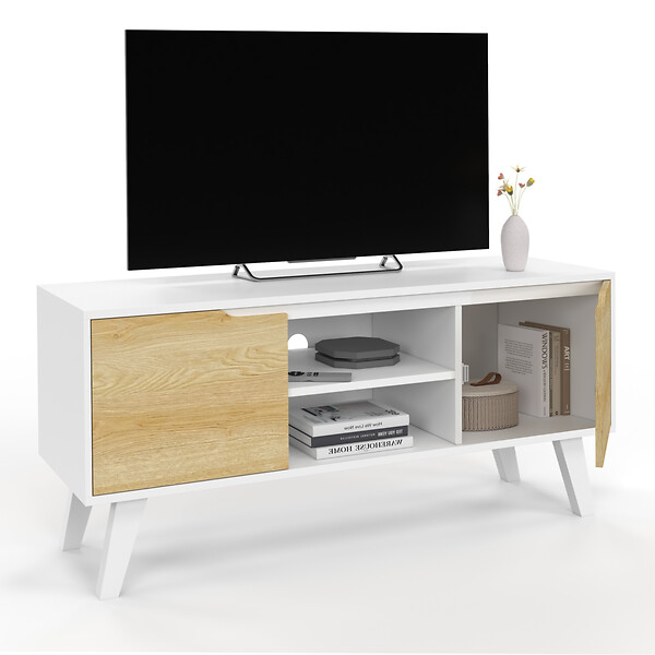 ID MARKET - Meuble TV 110 cm FINN blanc 2 portes façon hêtre - large