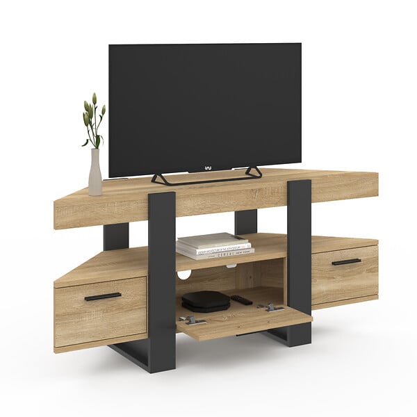 ID MARKET - Meuble TV 110 cm d'angle PHOENIX avec tiroir bois et noir - large