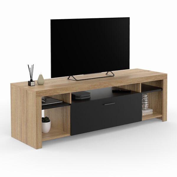 ID MARKET - Meuble TV 140 cm MALO bois et placard noir - large