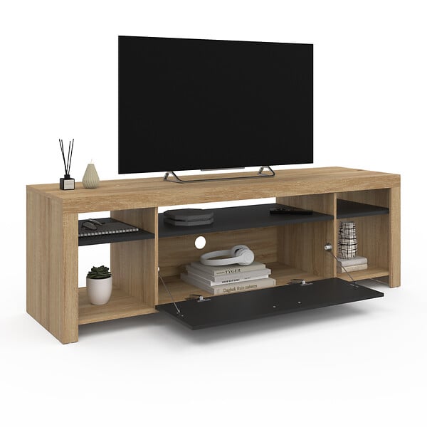 ID MARKET - Meuble TV 140 cm MALO bois et placard noir - large