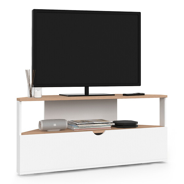 ID MARKET - Meuble TV 100 cm d'angle ELI bois façon hêtre et blanc - large