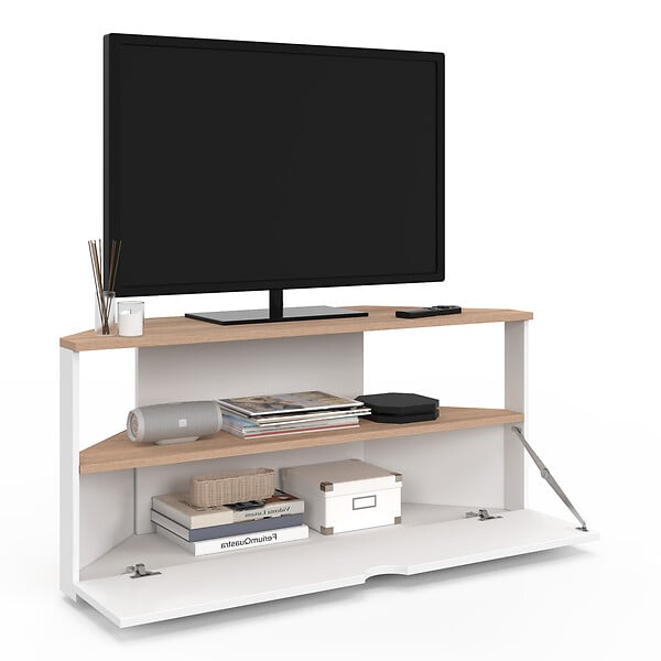 ID MARKET - Meuble TV 100 cm d'angle ELI bois façon hêtre et blanc - large