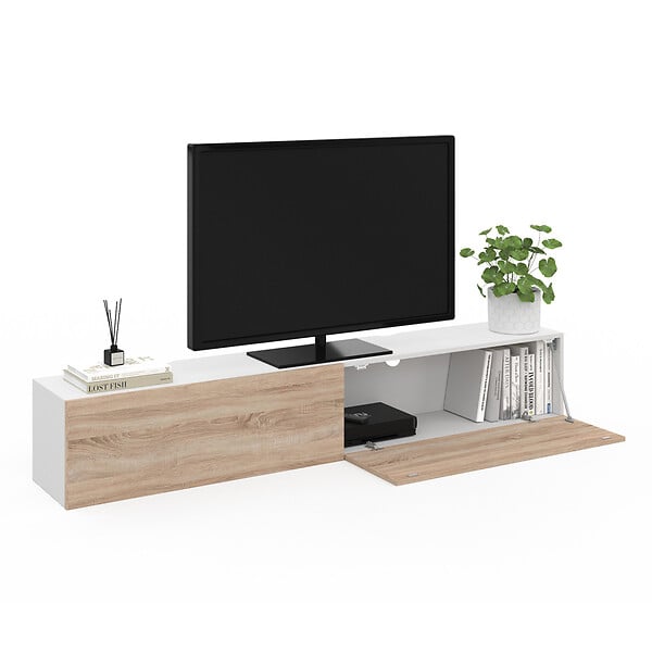 ID MARKET - Meuble TV 180 cm suspendu ELIO 2 portes blanc et bois - large