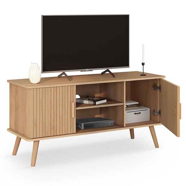 ID MARKET - Meuble TV 110 cm JULIETTE 2 portes lattes tasseau bois coloris chêne - large