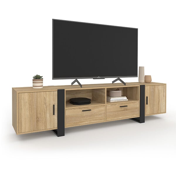 ID MARKET - Meuble TV 200 cm PHOENIX 2 portes 2 tiroirs bois et noir - large