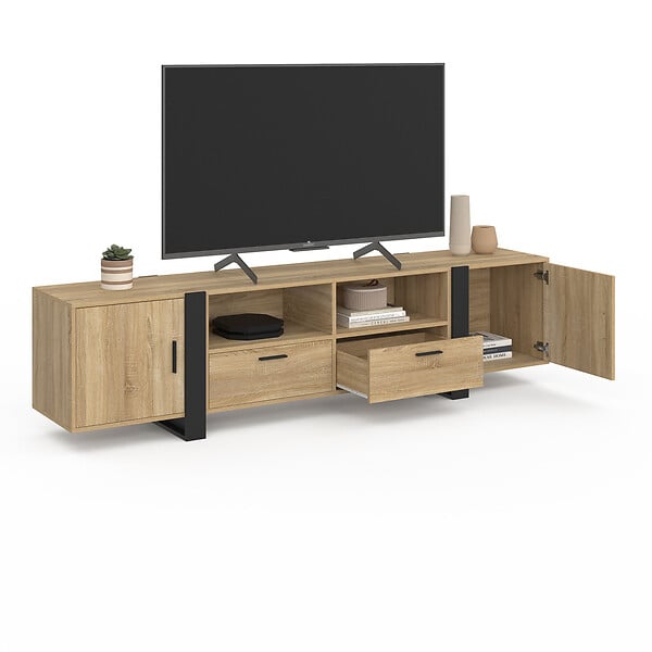 ID MARKET - Meuble TV 200 cm PHOENIX 2 portes 2 tiroirs bois et noir - large