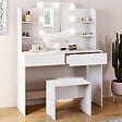 ID MARKET - Coiffeuse ZELIA blanche table de maquillage 4 étagères, miroir LED et tabouret - vignette